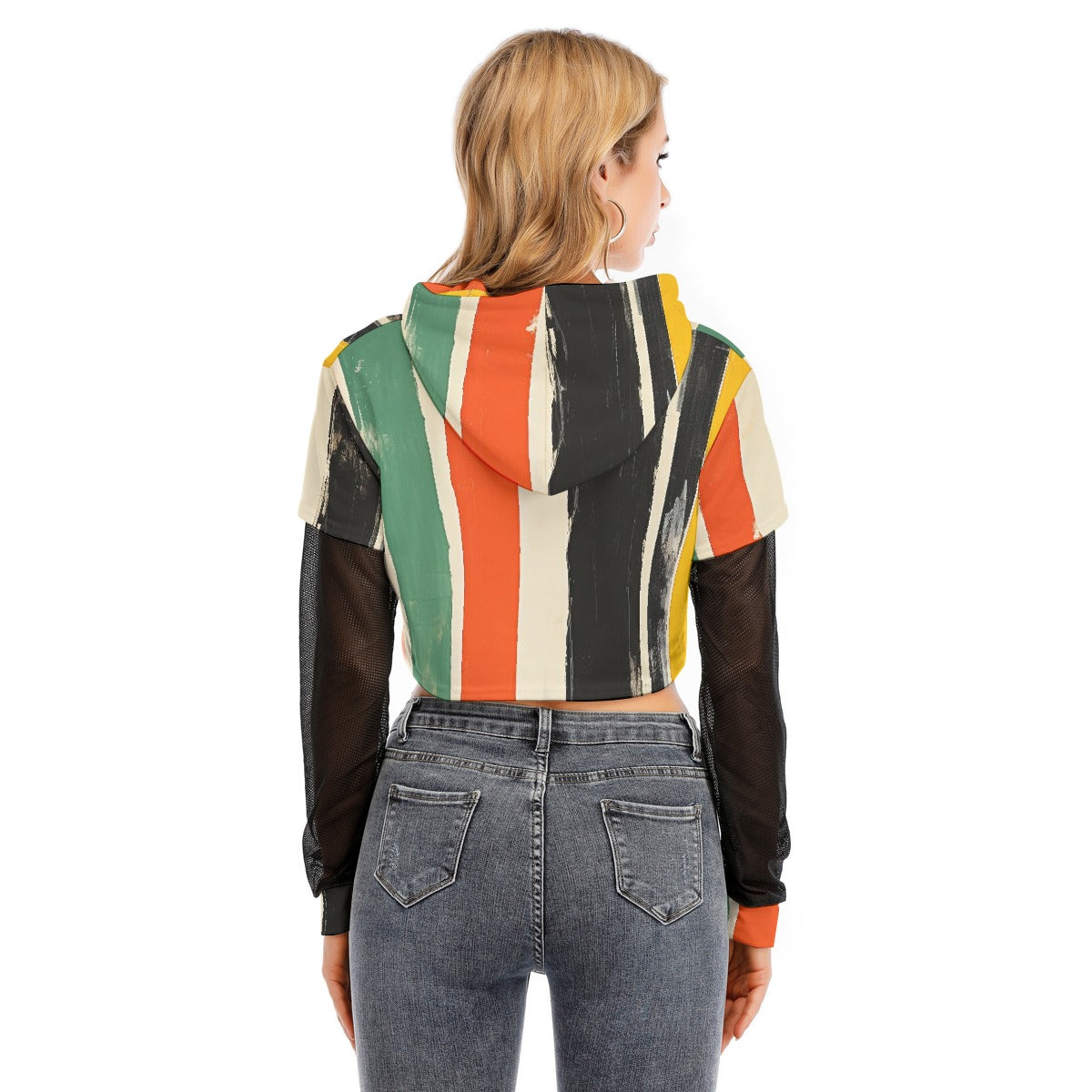 All-Over Print Women's Fake Two-piece Mesh Sleeve Cropped Hoodie