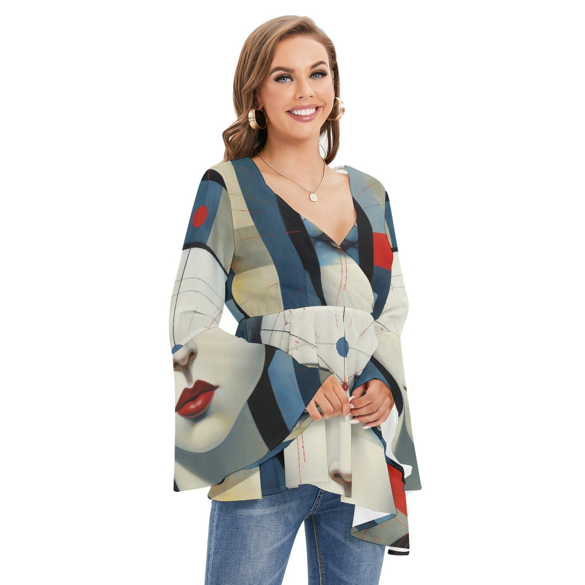 All-Over Print Women's V-neck Blouse With Flared Sleeves