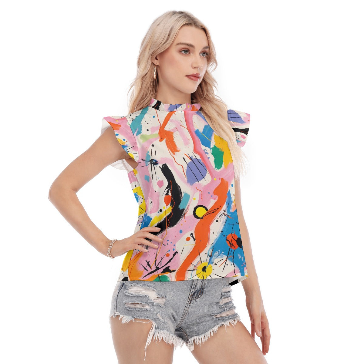 All-Over Print Women's Blouse With Ruffle Collar And Sleeve