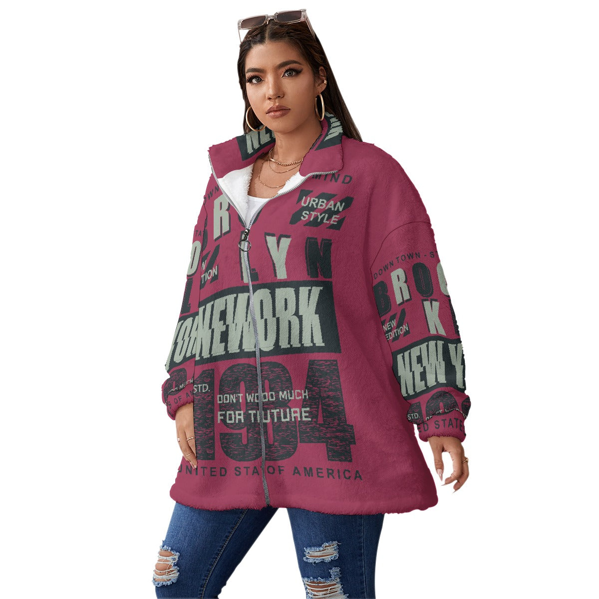 All-Over Print Unisex Borg Fleece Stand-up Collar Coat With Zipper Closure(Plus Size)