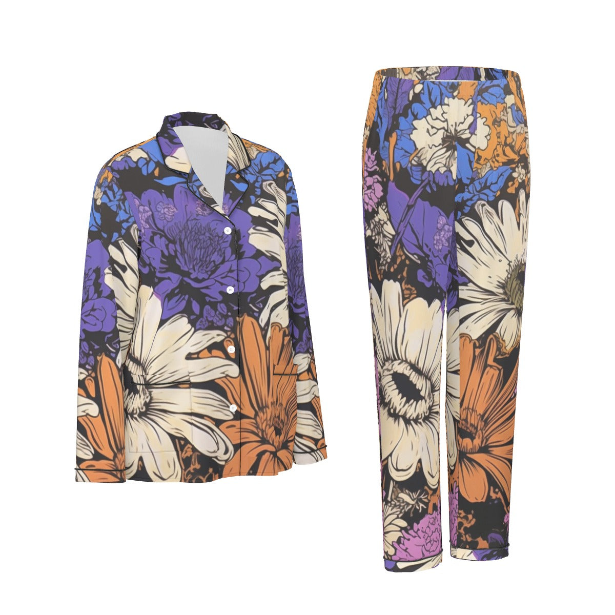 All-Over Print Women's Long Sleeve Pajama Set With Black Contrast Piping