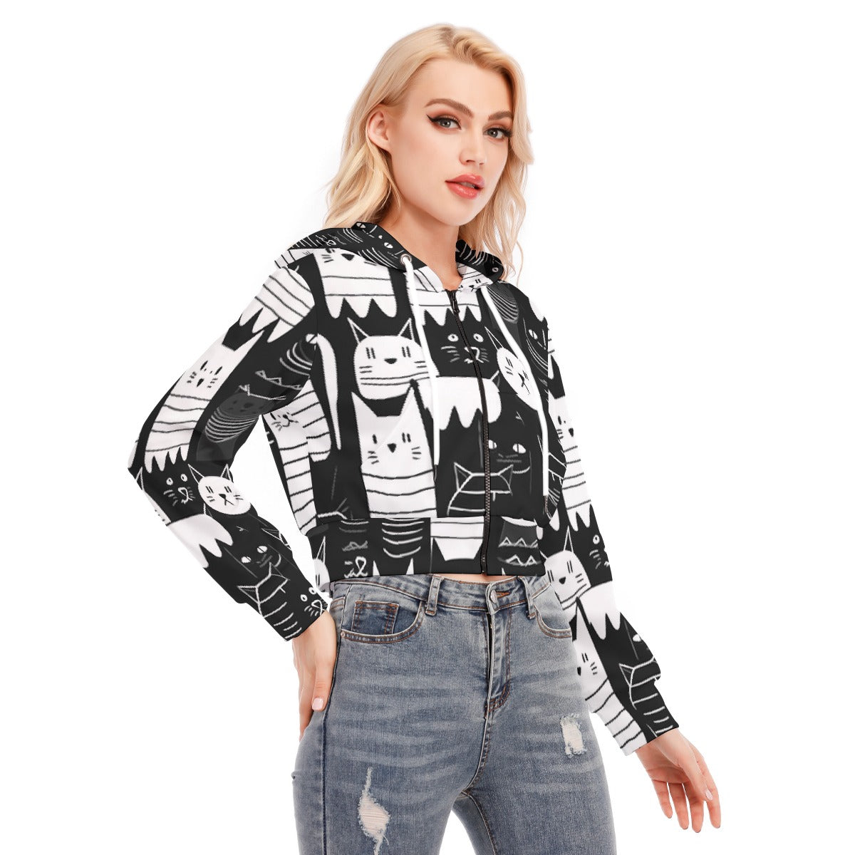 All-Over Print Women's Crop Top Hoodie With Zipper Closure