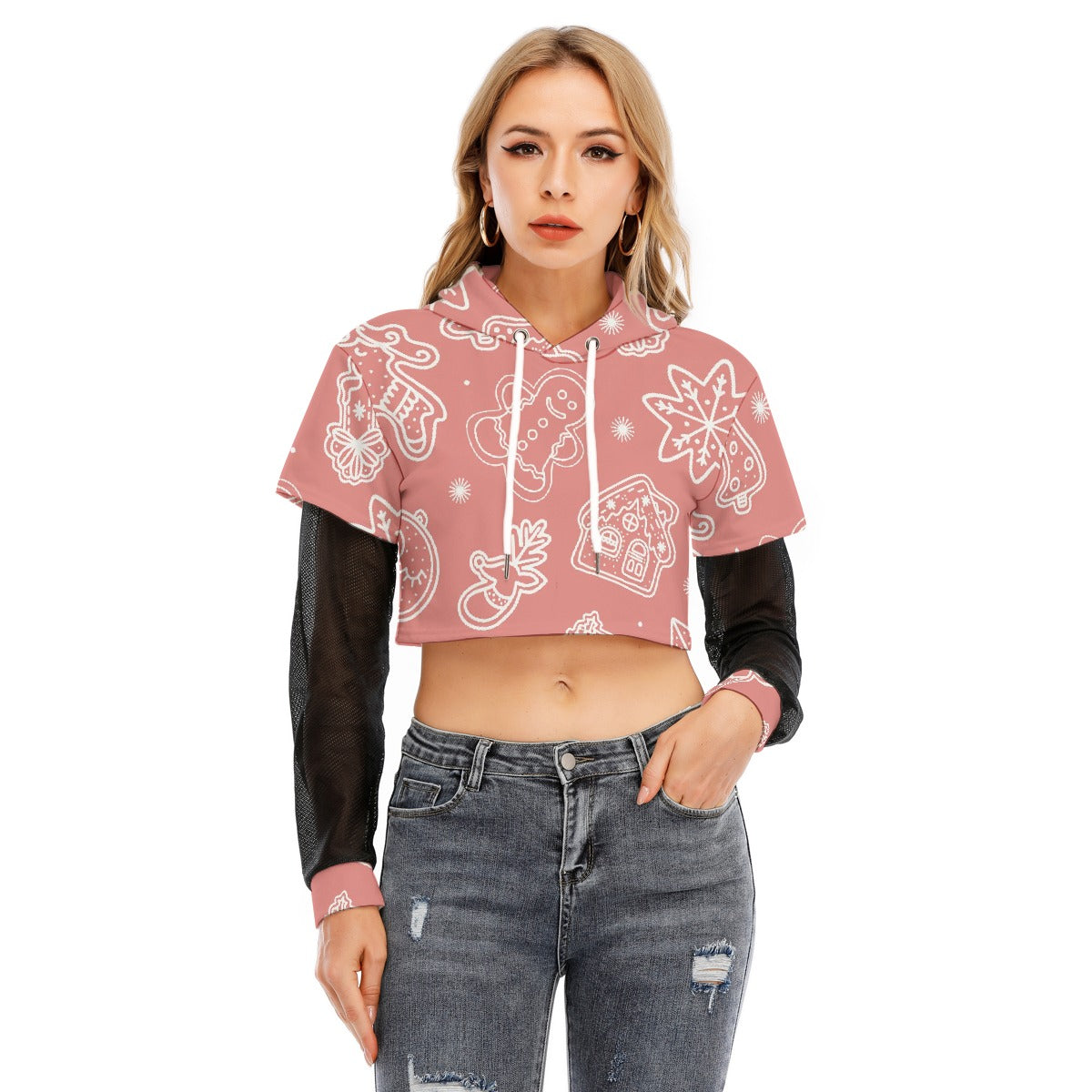 All-Over Print Women's Fake Two-piece Mesh Sleeve Cropped Hoodie