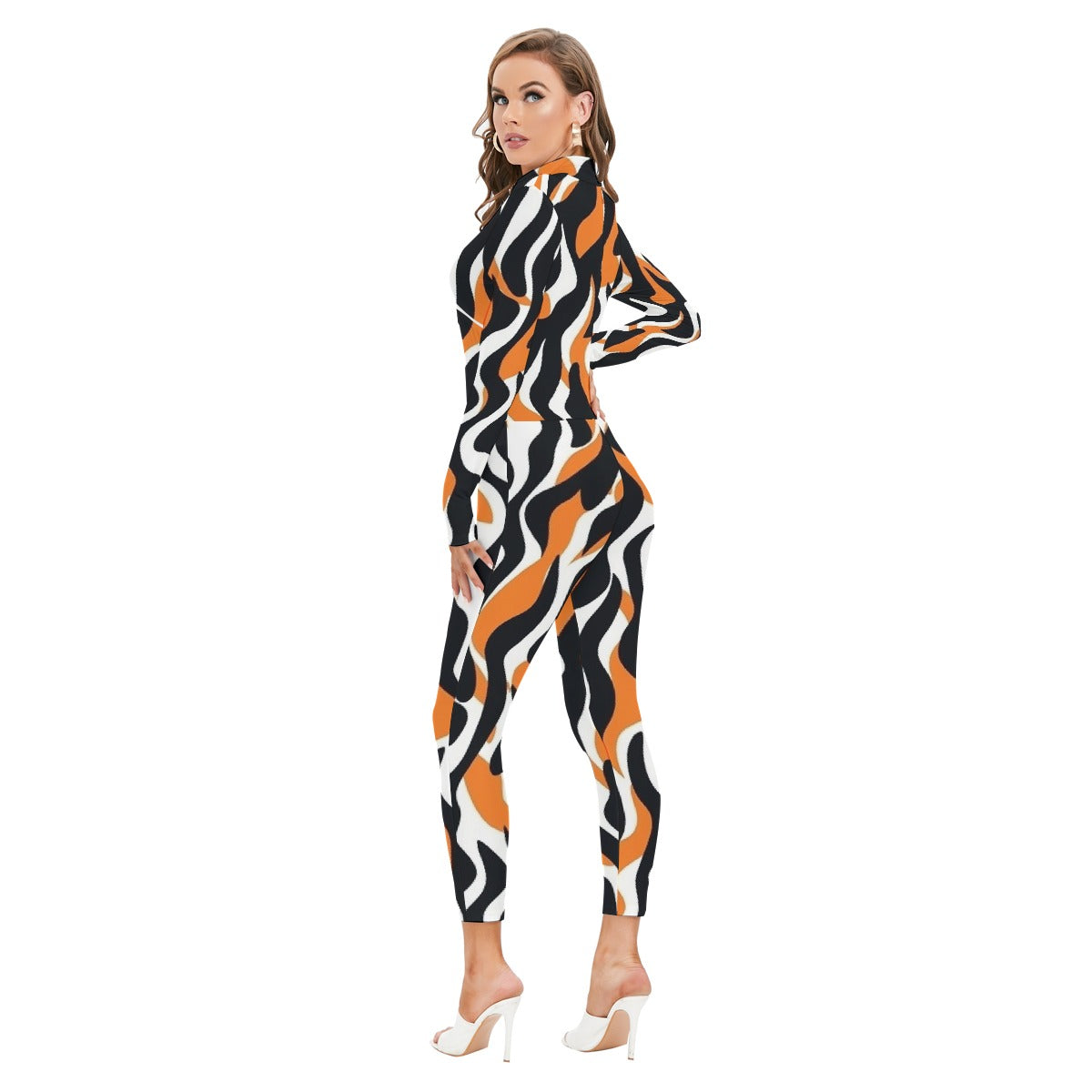 All-Over Print Women's Long-sleeved High-neck Jumpsuit With Zipper