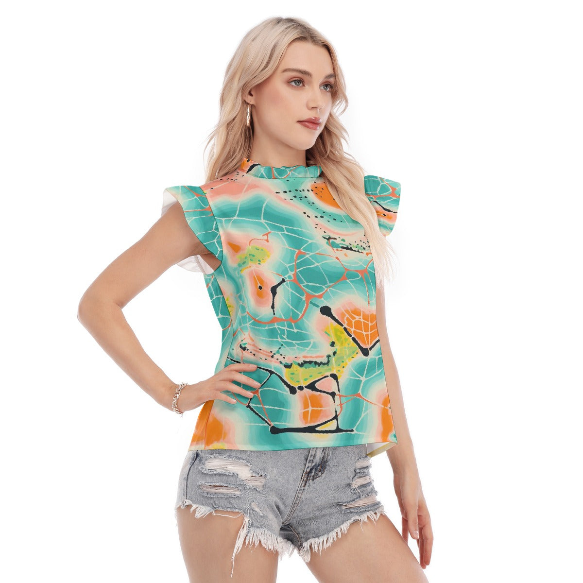 All-Over Print Women's Blouse With Ruffle Collar And Sleeve