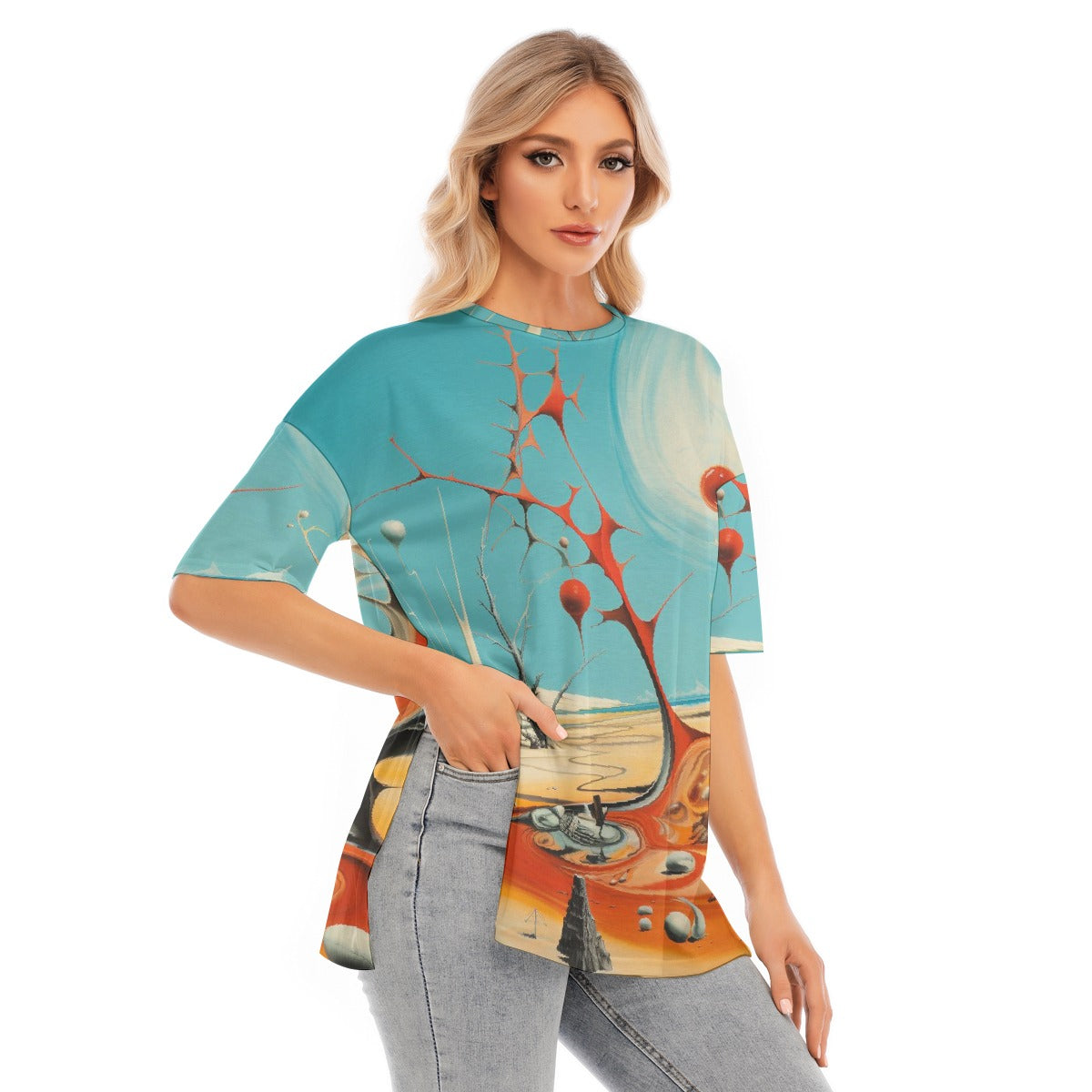 All-Over Print Women's Short Sleeves T-shirt With Hem Split