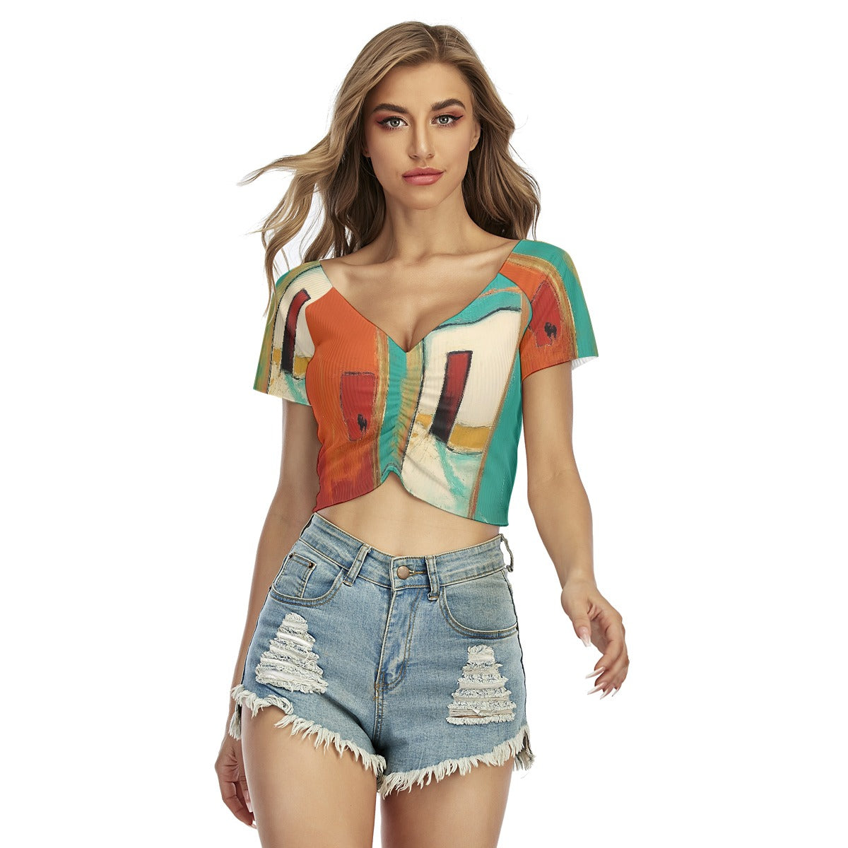 All-Over Print Women's Raglan Drawstring Front  Crop Tee