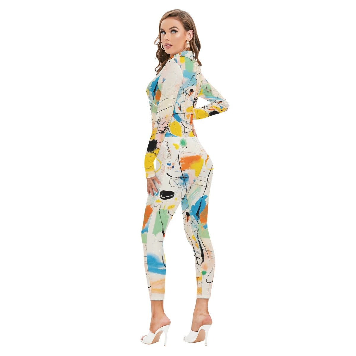 All-Over Print Women's Long-sleeved High-neck Jumpsuit With Zipper