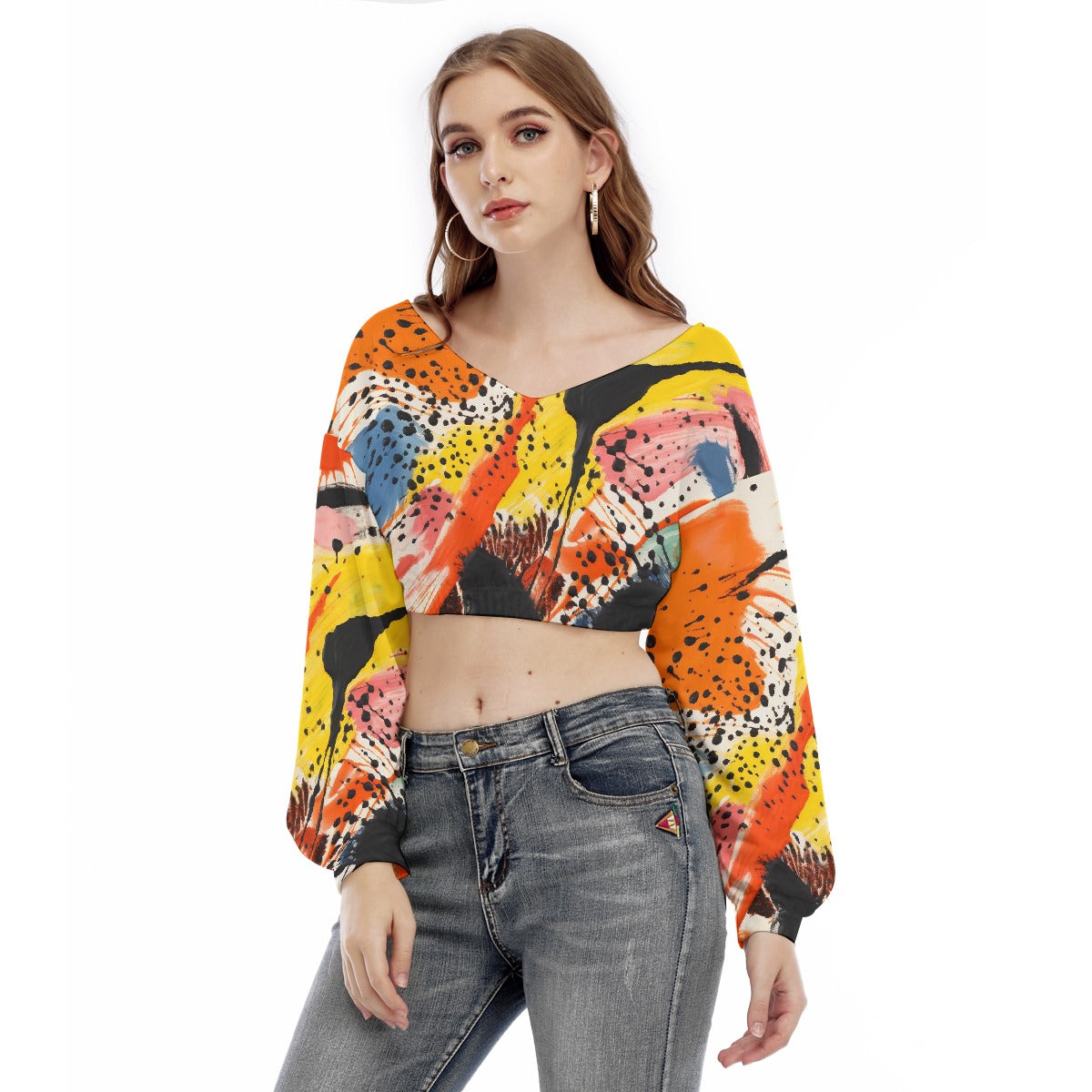 All-Over Print Women's V-neck Long Sleeve Cropped Sweatshirt