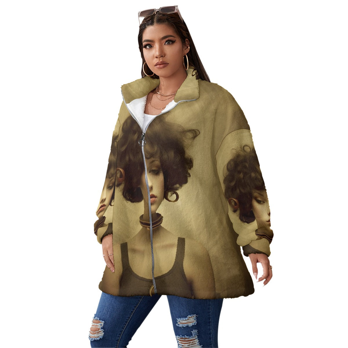 All-Over Print Unisex Borg Fleece Stand-up Collar Coat With Zipper Closure(Plus Size)