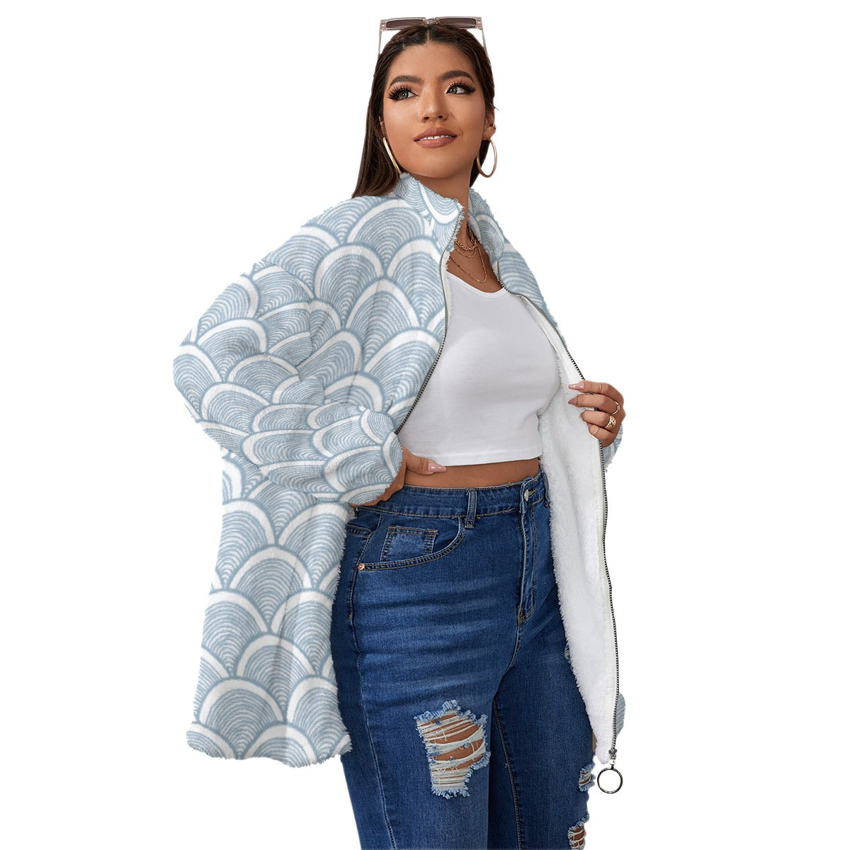 All-Over Print Unisex Borg Fleece Stand-up Collar Coat With Zipper Closure(Plus Size)