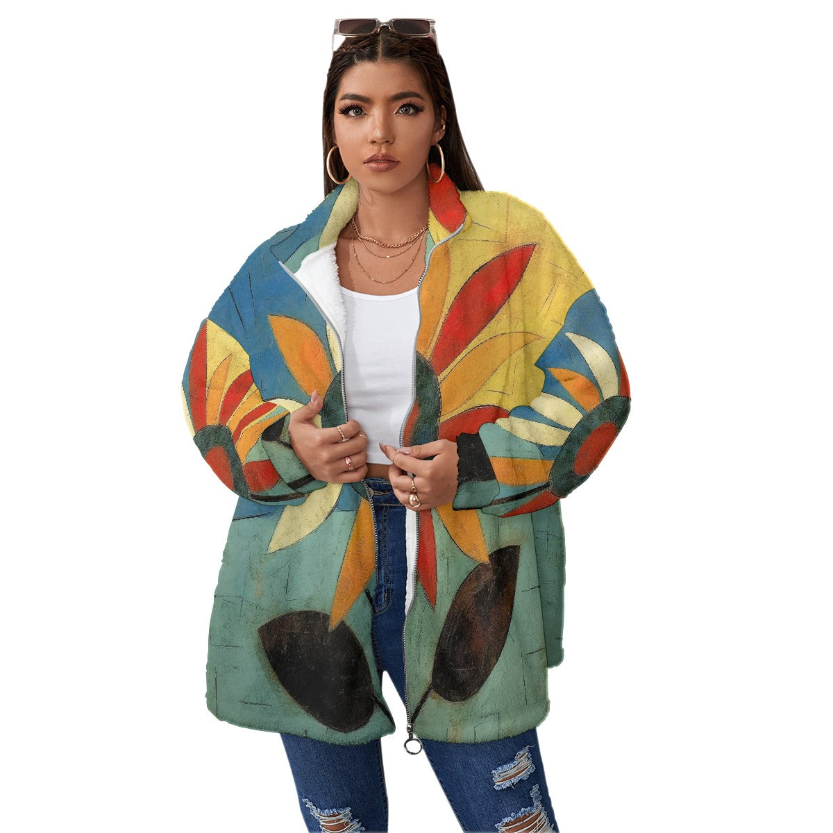 All-Over Print Unisex Borg Fleece Stand-up Collar Coat With Zipper Closure(Plus Size)