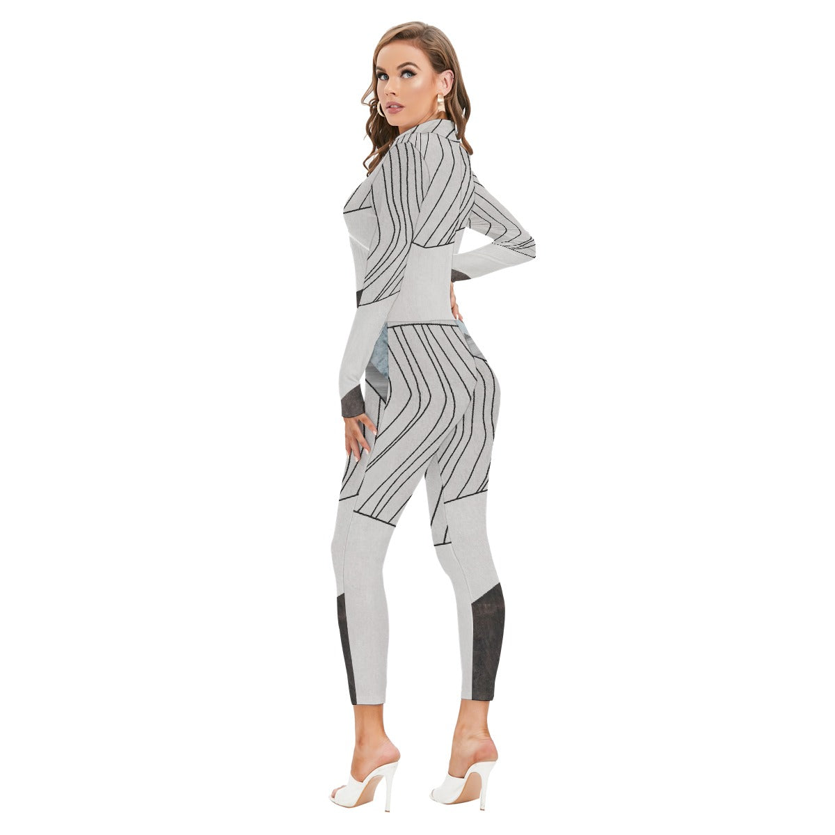 All-Over Print Women's Long-sleeved High-neck Jumpsuit With Zipper