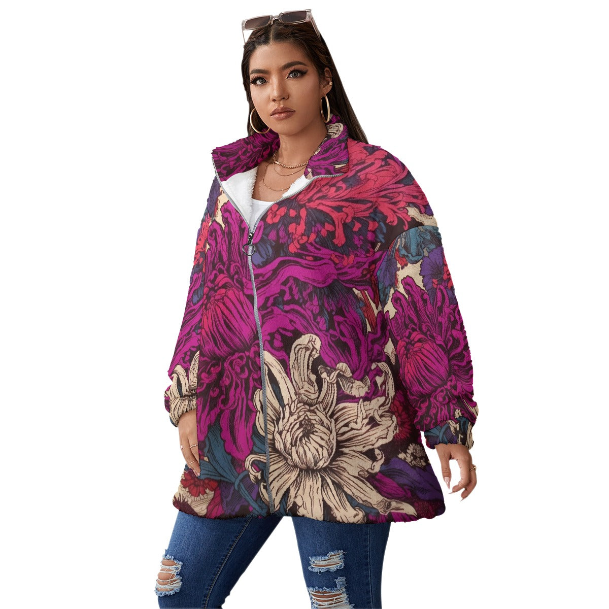 All-Over Print Unisex Borg Fleece Stand-up Collar Coat With Zipper Closure(Plus Size)