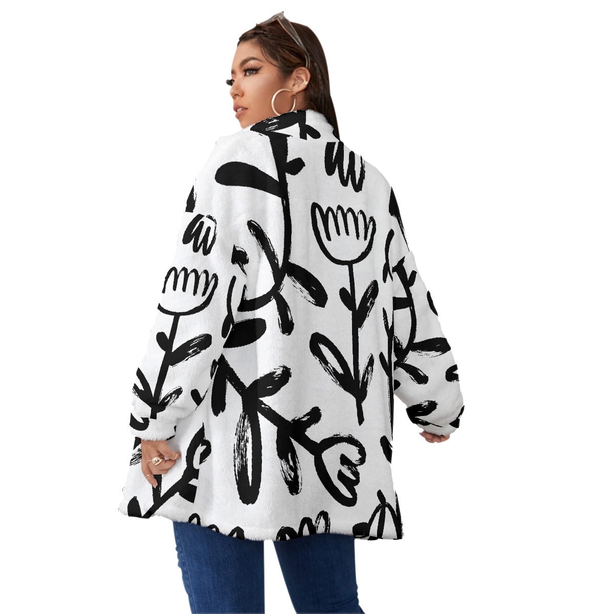 All-Over Print Unisex Borg Fleece Stand-up Collar Coat With Zipper Closure(Plus Size)