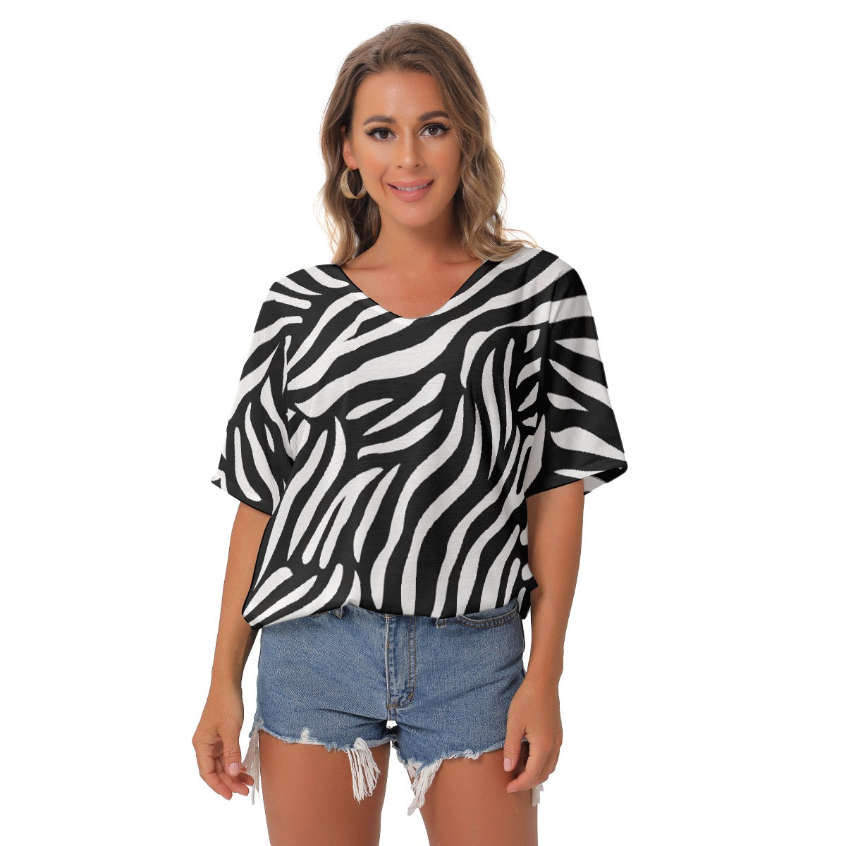 All-Over Print Women's Bat Sleeves V-Neck Blouse