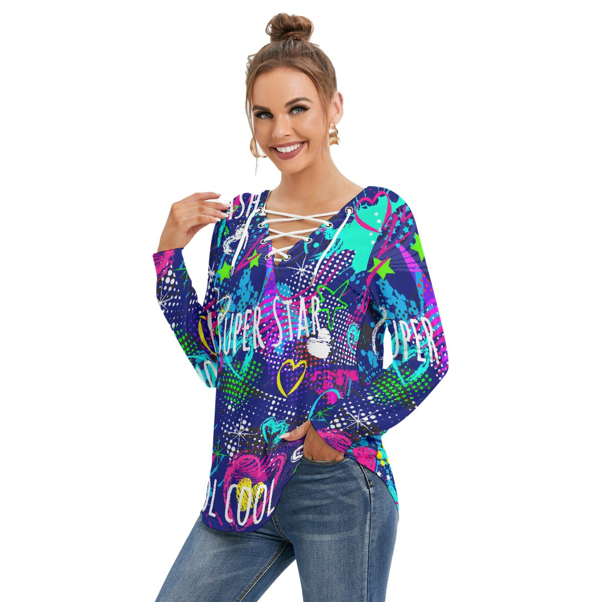 All-Over Print Women's Long Sleeve Neckline Tie Sweatshirt