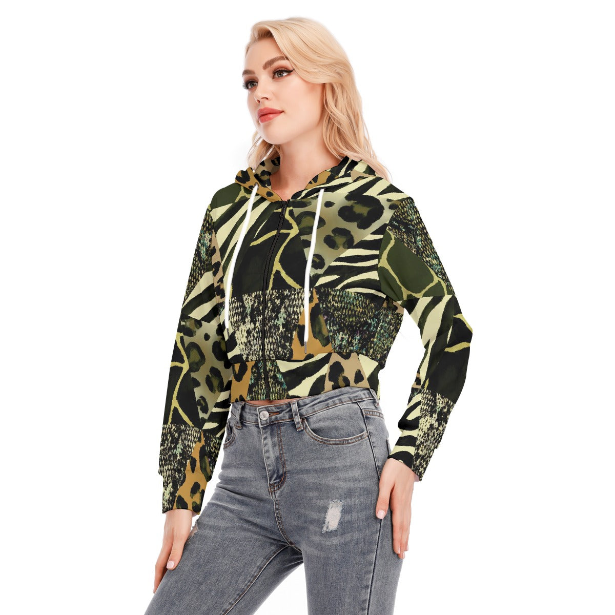 All-Over Print Women's Crop Top Hoodie With Zipper Closure