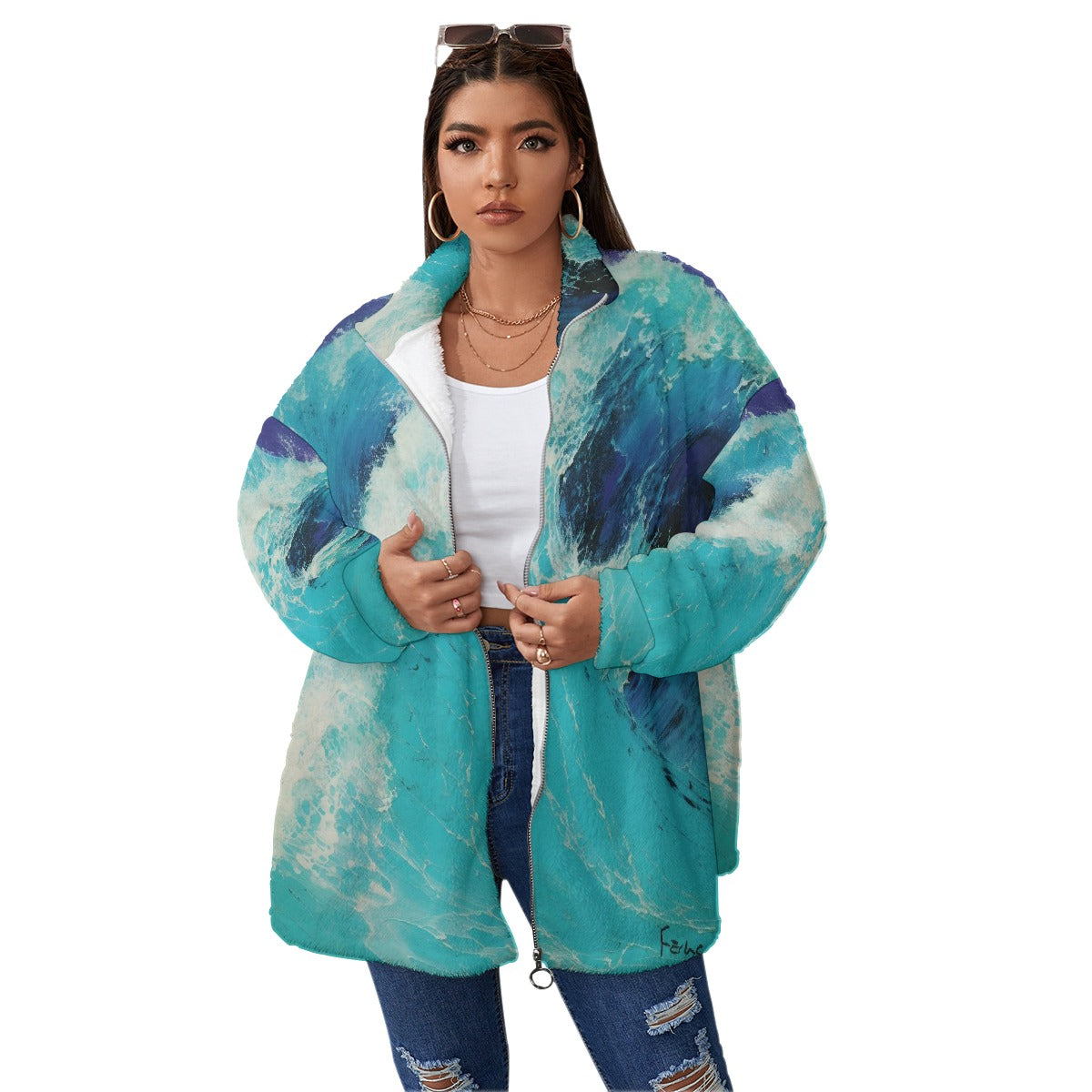All-Over Print Unisex Borg Fleece Stand-up Collar Coat With Zipper Closure(Plus Size)