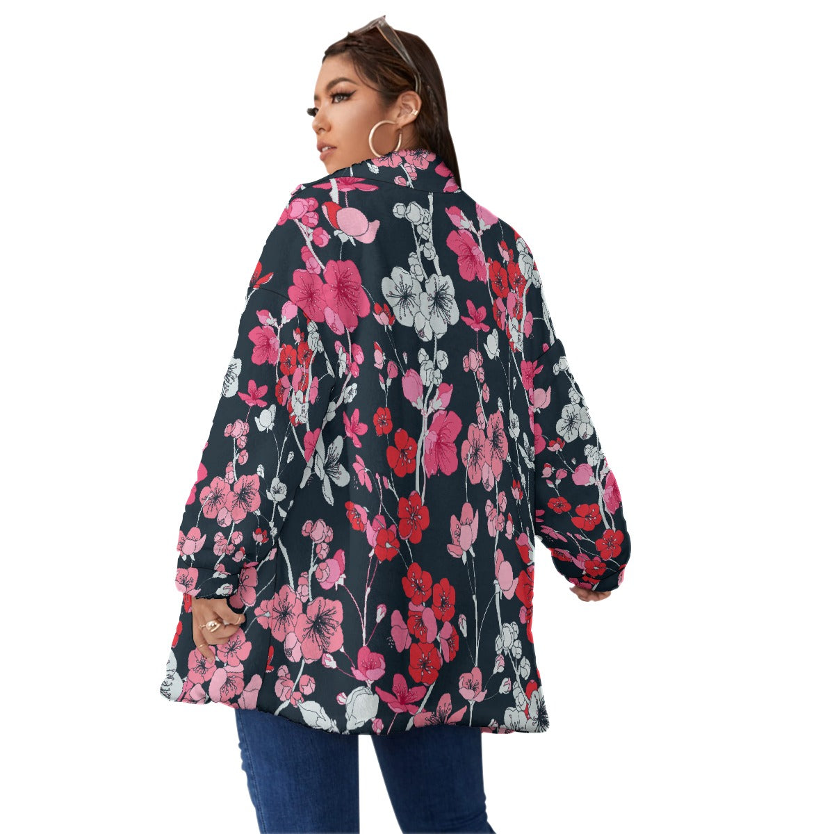 All-Over Print Unisex Borg Fleece Stand-up Collar Coat With Zipper Closure(Plus Size)