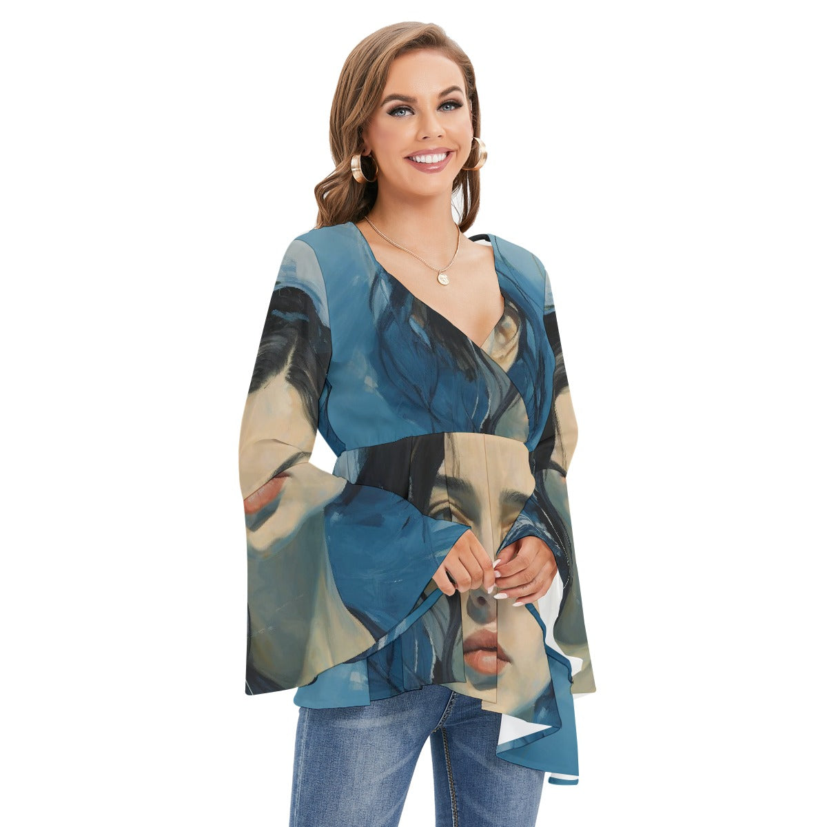 All-Over Print Women's V-neck Blouse With Flared Sleeves