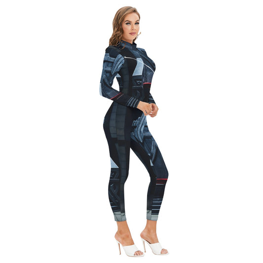 All-Over Print Women's Long-sleeved High-neck Jumpsuit With Zipper