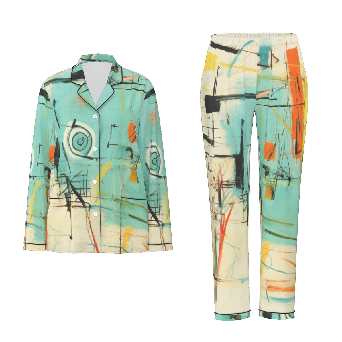 All-Over Print Women's Long Sleeve Pajama Set With Black Contrast Piping