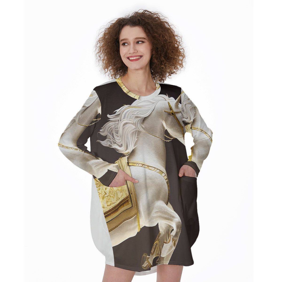 All-Over Print Women's Casual Loose Long Sleeve Dress With Pocket