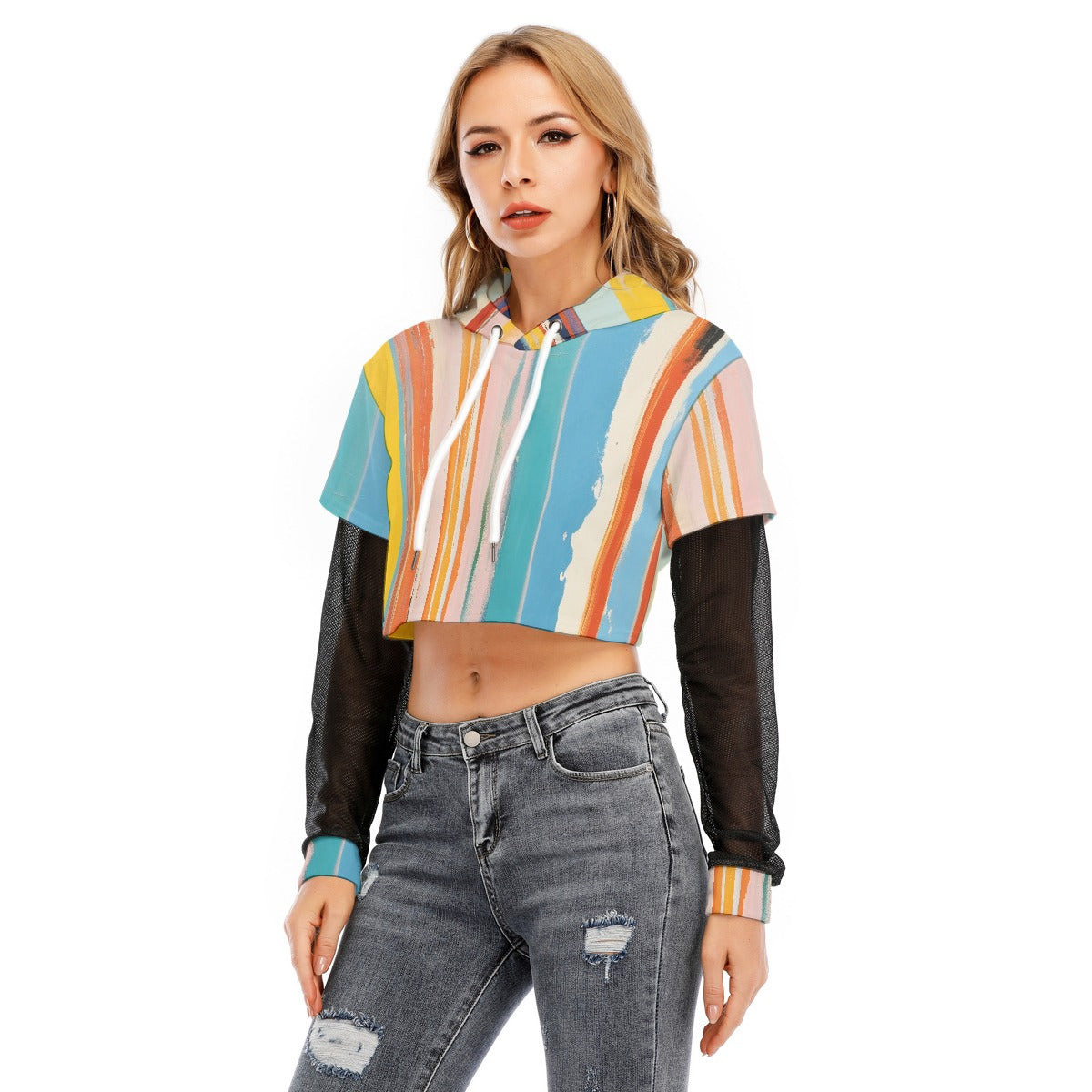 All-Over Print Women's Fake Two-piece Mesh Sleeve Cropped Hoodie