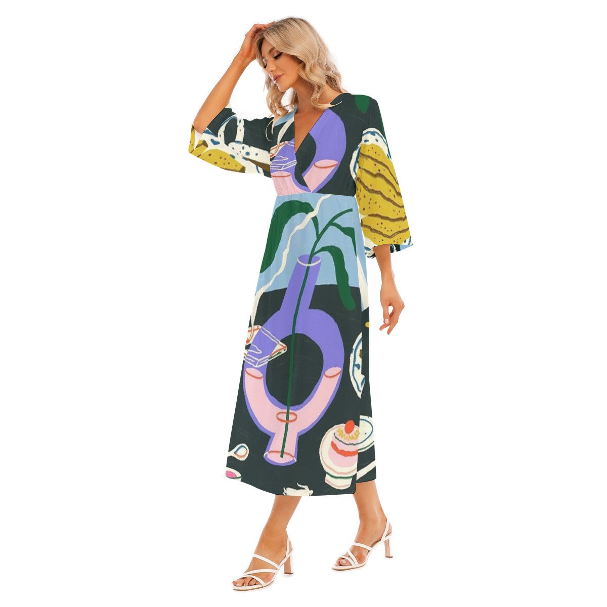 All-Over Print Women's Mid-Sleeve Long Dress