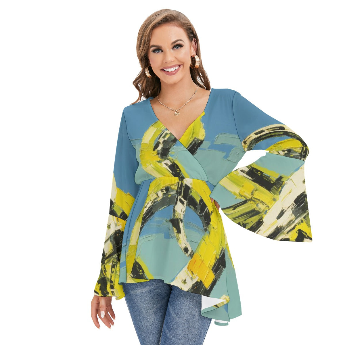 All-Over Print Women's V-neck Blouse With Flared Sleeves