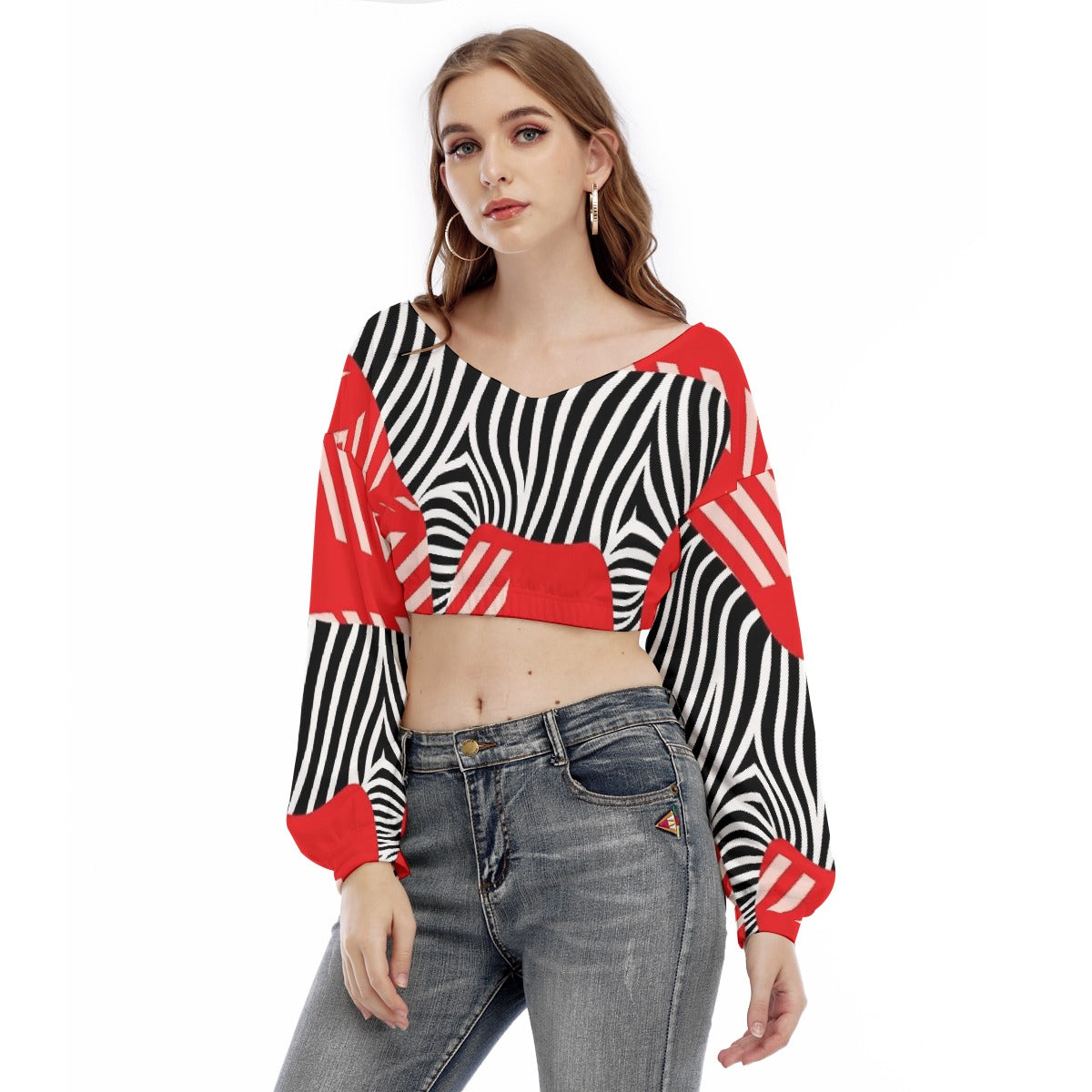 All-Over Print Women's V-neck Long Sleeve Cropped Sweatshirt