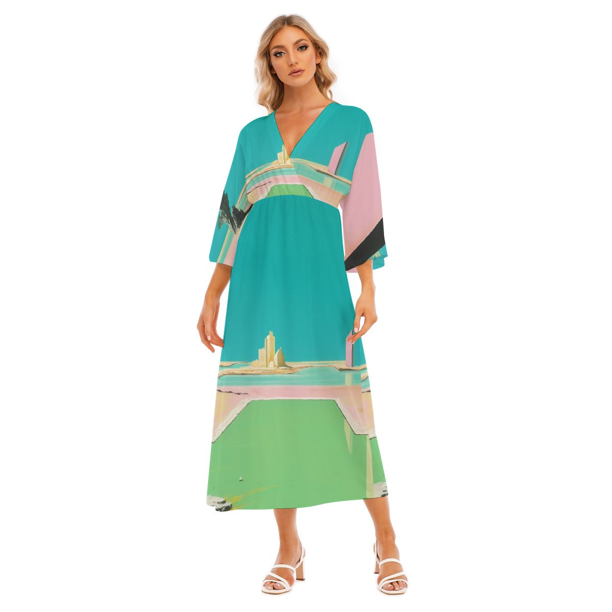 All-Over Print Women's Mid-Sleeve Long Dress