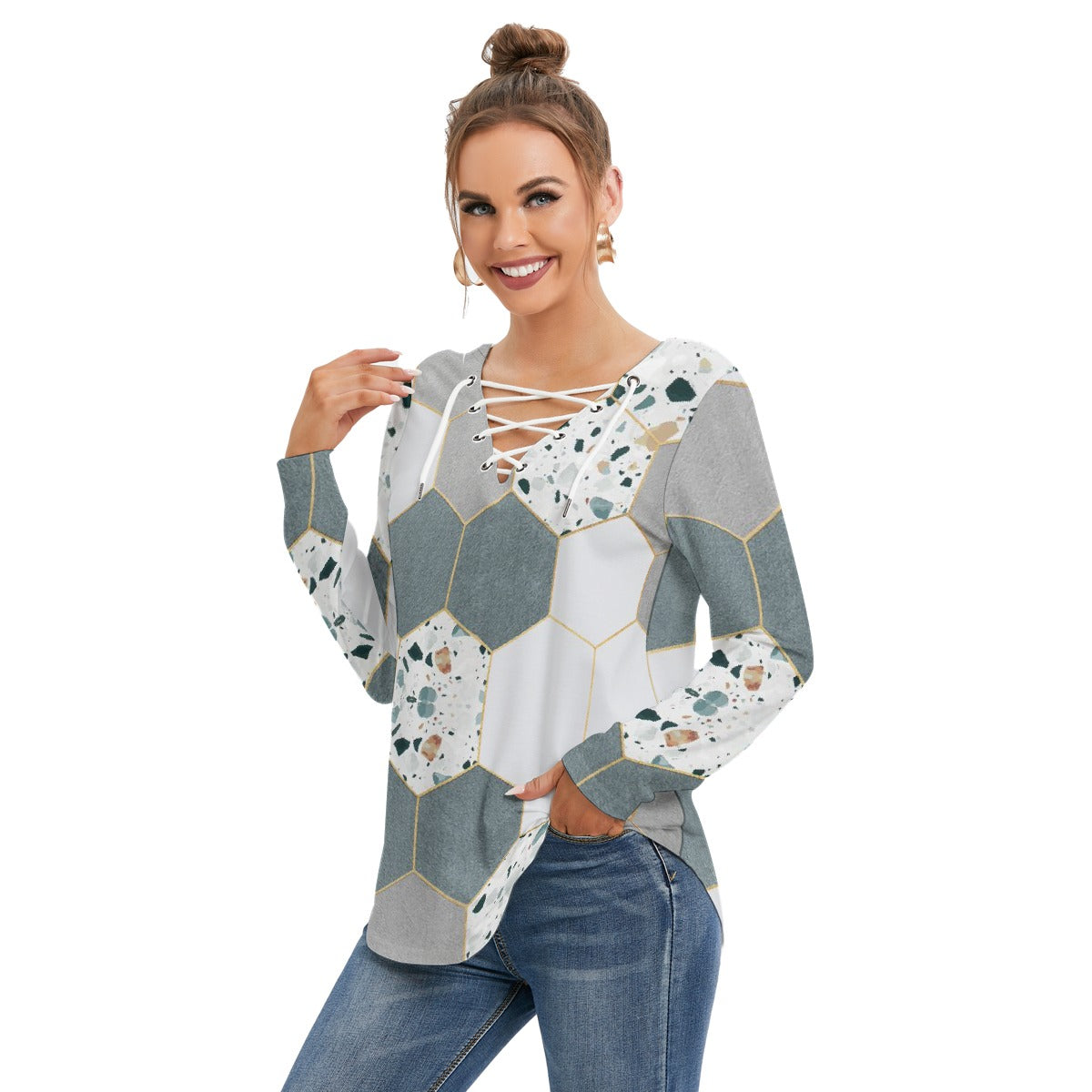 All-Over Print Women's Long Sleeve Neckline Tie Sweatshirt