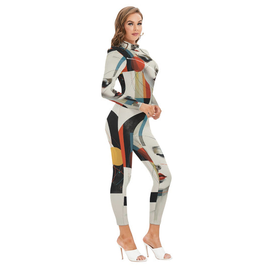 All-Over Print Women's Long-sleeved High-neck Jumpsuit With Zipper