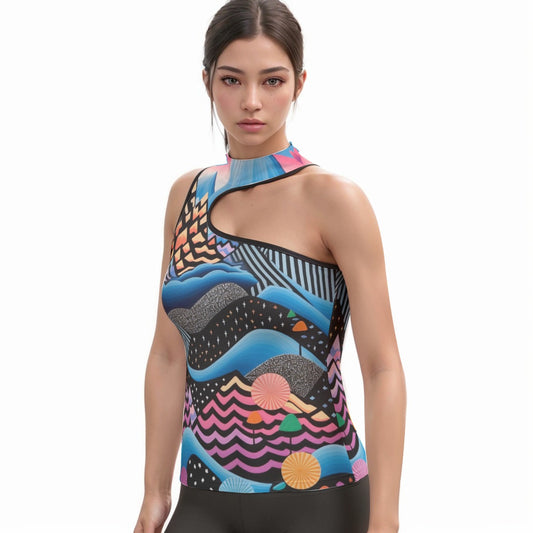 All-Over Print Women's Halter Sleeveless Asymmetrical Tank Top