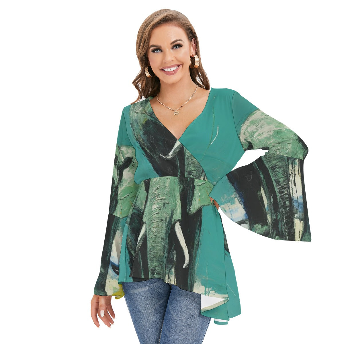 All-Over Print Women's V-neck Blouse With Flared Sleeves