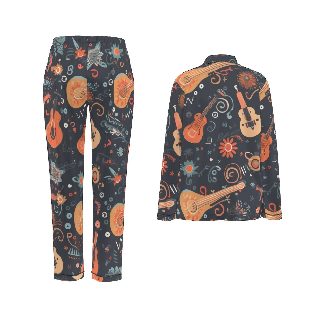 All-Over Print Women's Long Sleeve Pajama Set With Black Contrast Piping