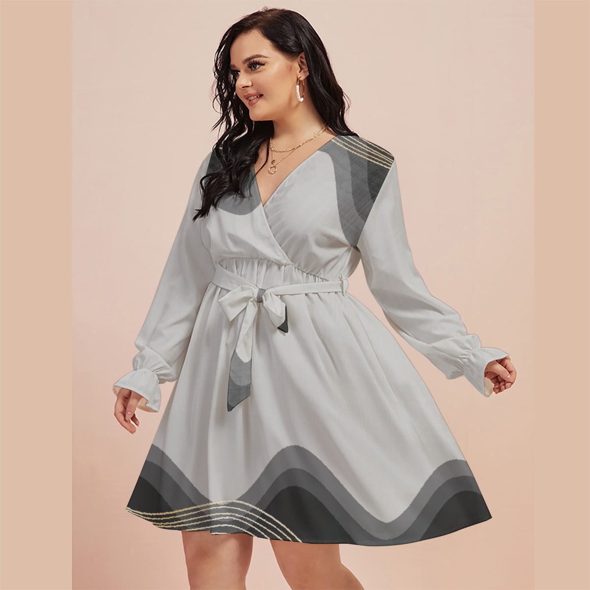 All-Over Print Women's V-neck Dress With Waistband(Plus Size)