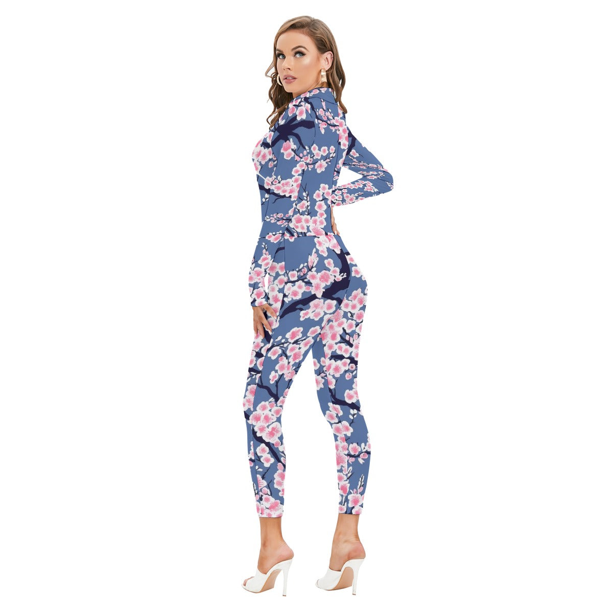 All-Over Print Women's Long-sleeved High-neck Jumpsuit With Zipper