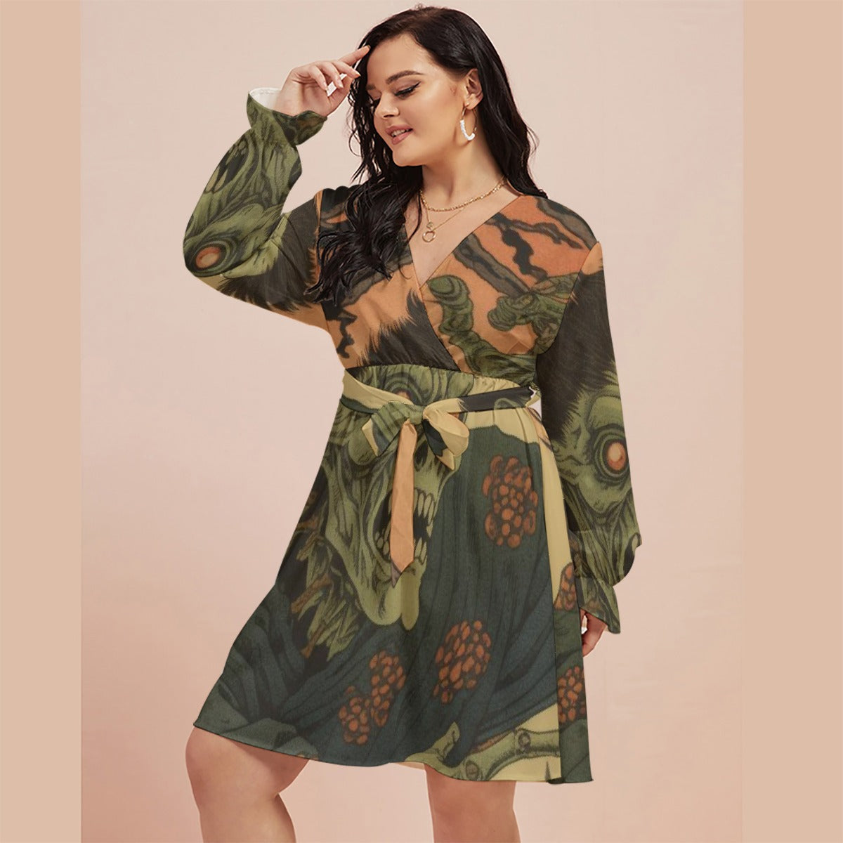 All-Over Print Women's V-neck Dress With Waistband(Plus Size)