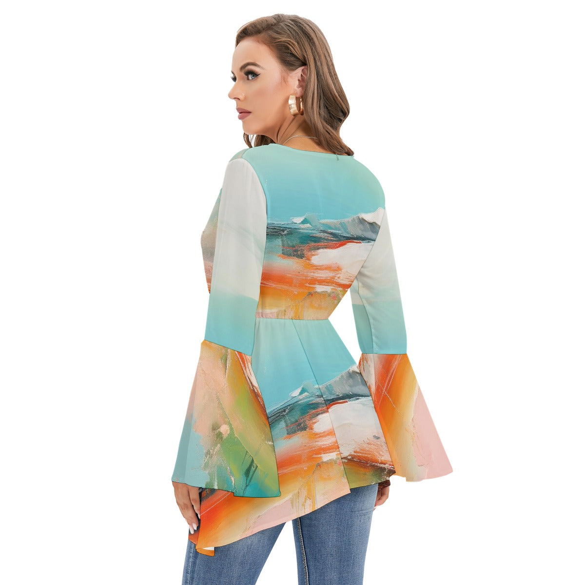 All-Over Print Women's V-neck Blouse With Flared Sleeves