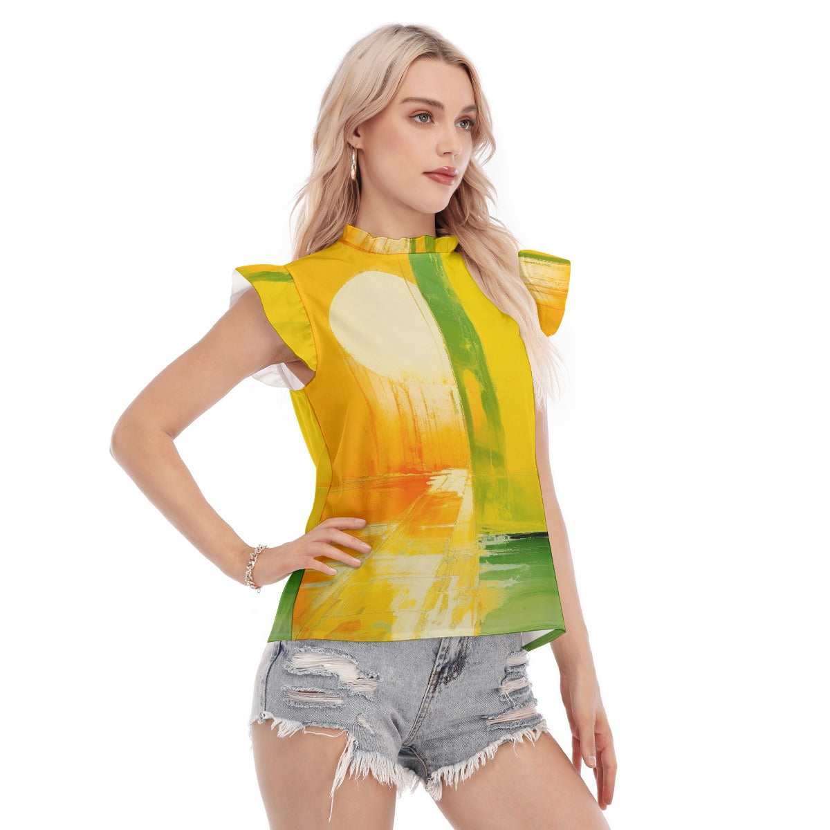 All-Over Print Women's Blouse With Ruffle Collar And Sleeve