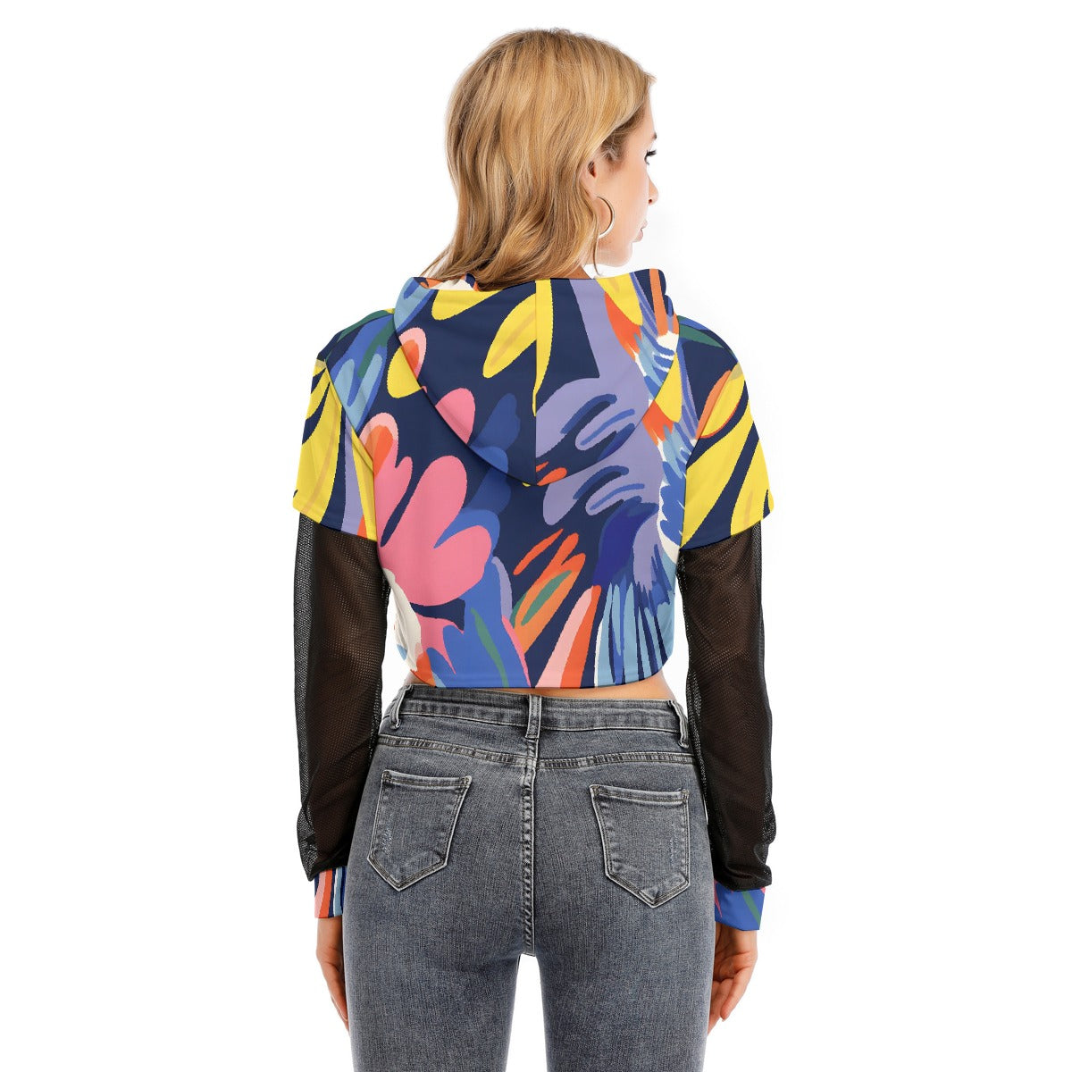 All-Over Print Women's Fake Two-piece Mesh Sleeve Cropped Hoodie