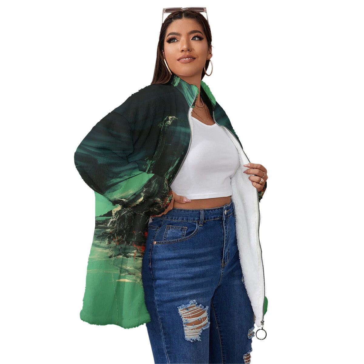 All-Over Print Unisex Borg Fleece Stand-up Collar Coat With Zipper Closure(Plus Size)