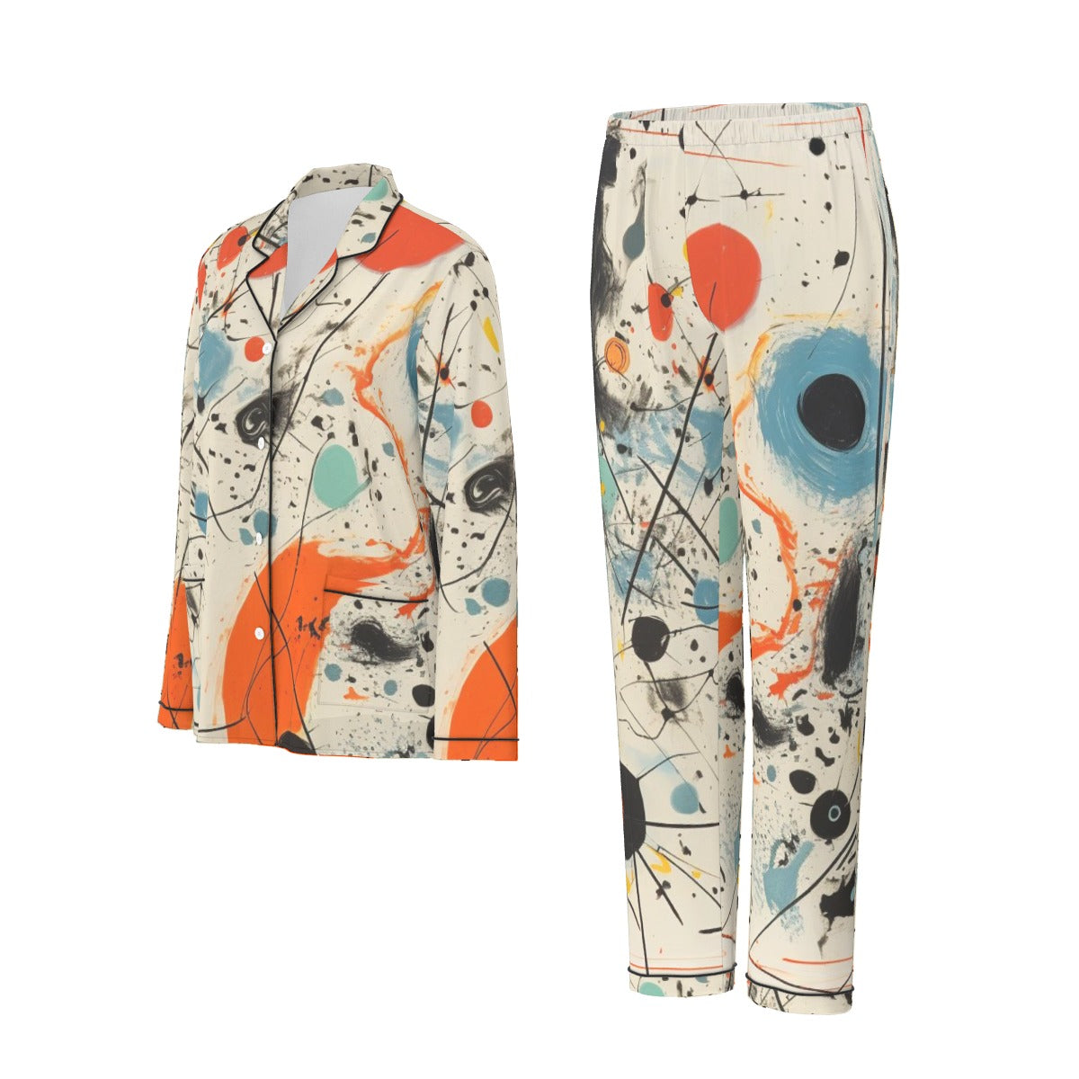 All-Over Print Women's Long Sleeve Pajama Set With Black Contrast Piping