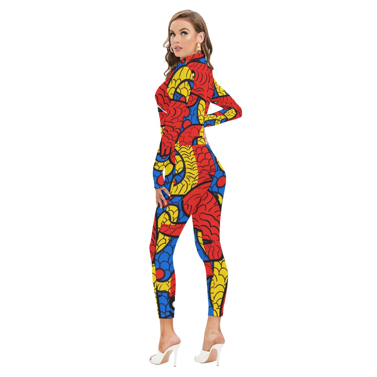 All-Over Print Women's Long-sleeved High-neck Jumpsuit With Zipper