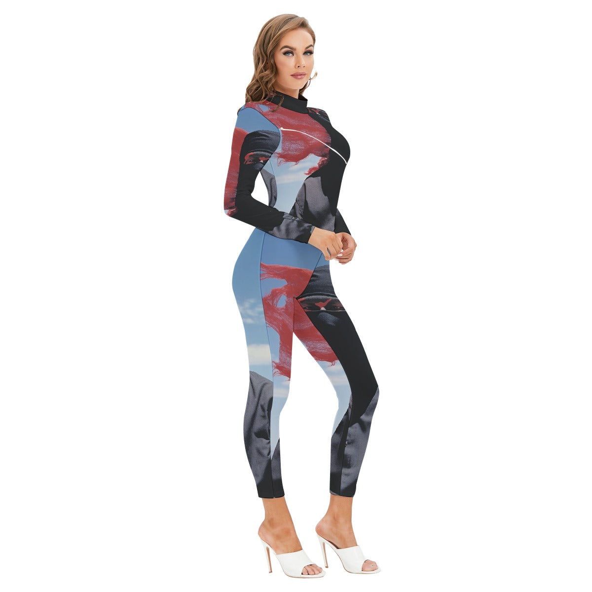 All-Over Print Women's Long-sleeved High-neck Jumpsuit With Zipper