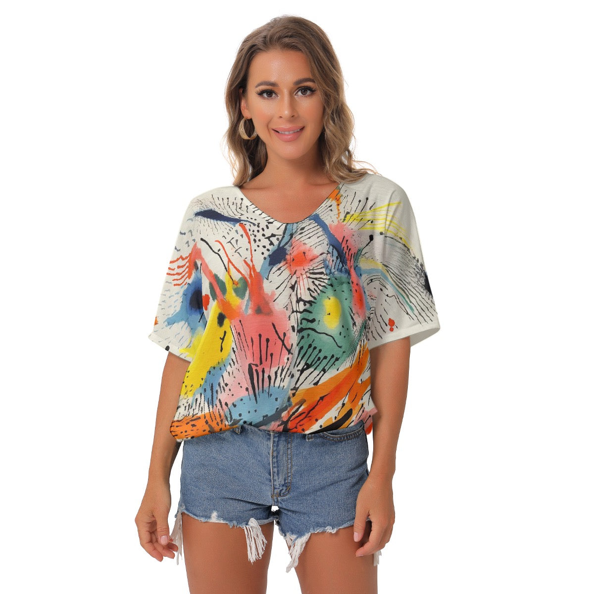 All-Over Print Women's Bat Sleeves V-Neck Blouse