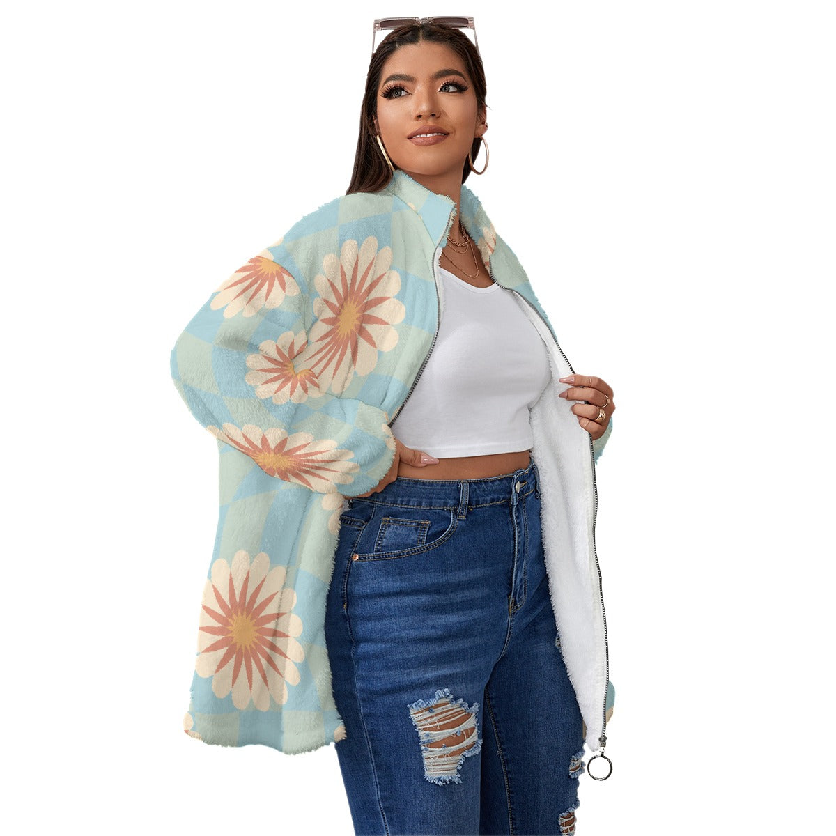 All-Over Print Unisex Borg Fleece Stand-up Collar Coat With Zipper Closure(Plus Size)